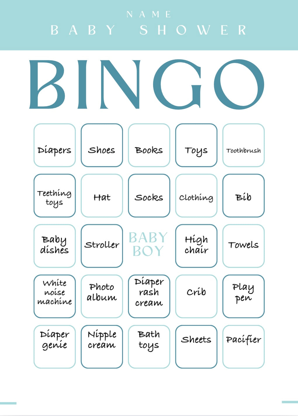 Baby Shower Bingo Digital Download