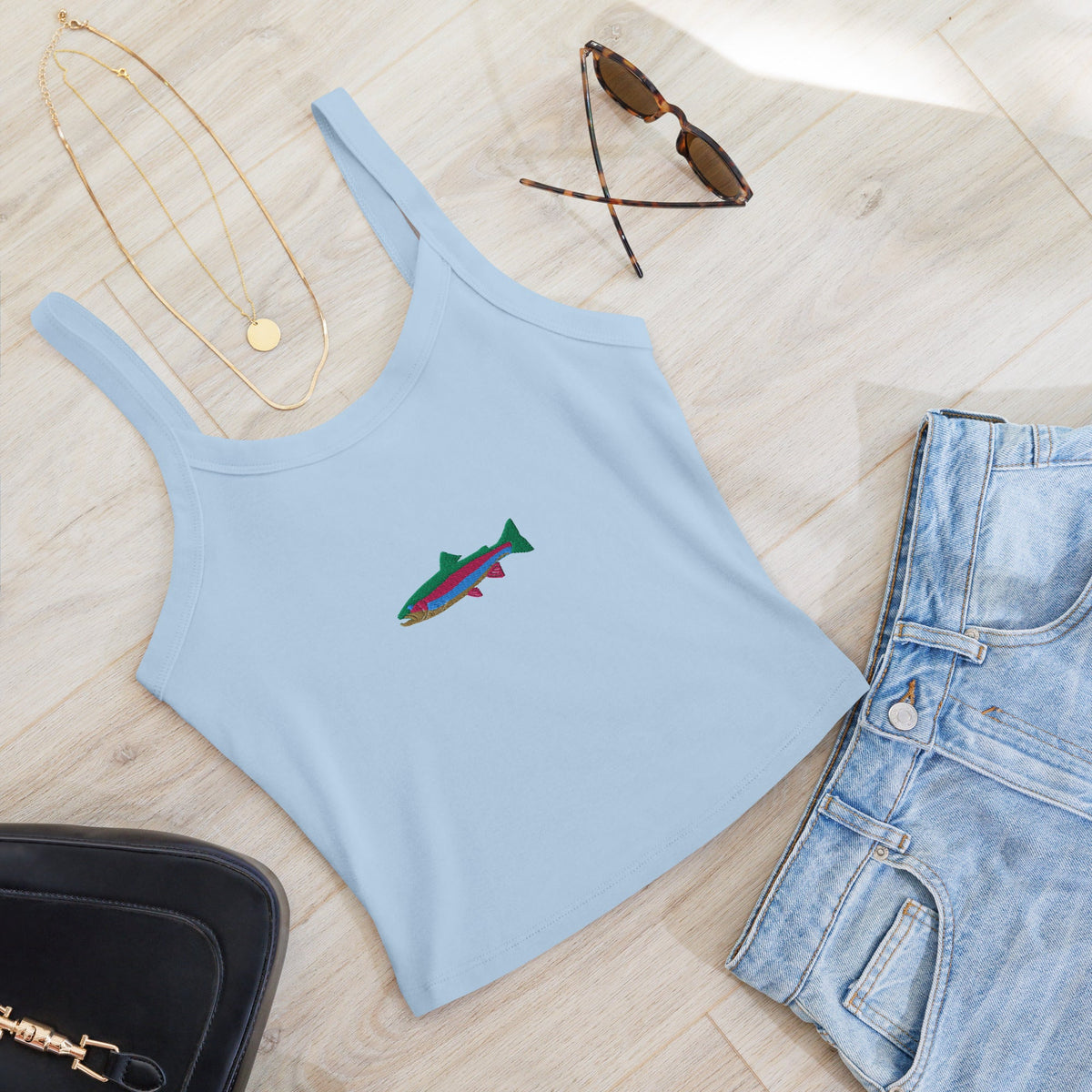 Embroidered fish micro-rib tank tops (Elkford only)